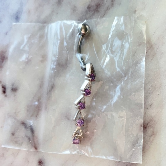 Purple Linear Crystal CZ Stainless Surgical Steel Belly Navel Ring - Picture 1 of 3